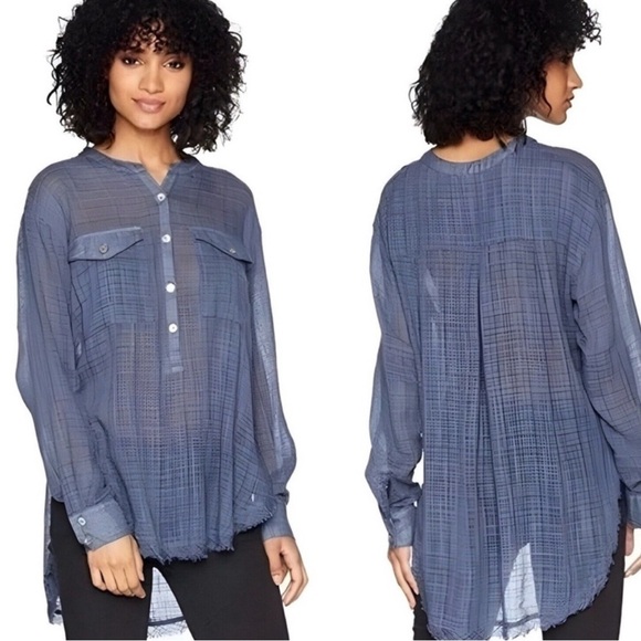 Free People Talk To Me Blue Plaid Gauzy Popover Shirt Size S - Picture 1 of 5